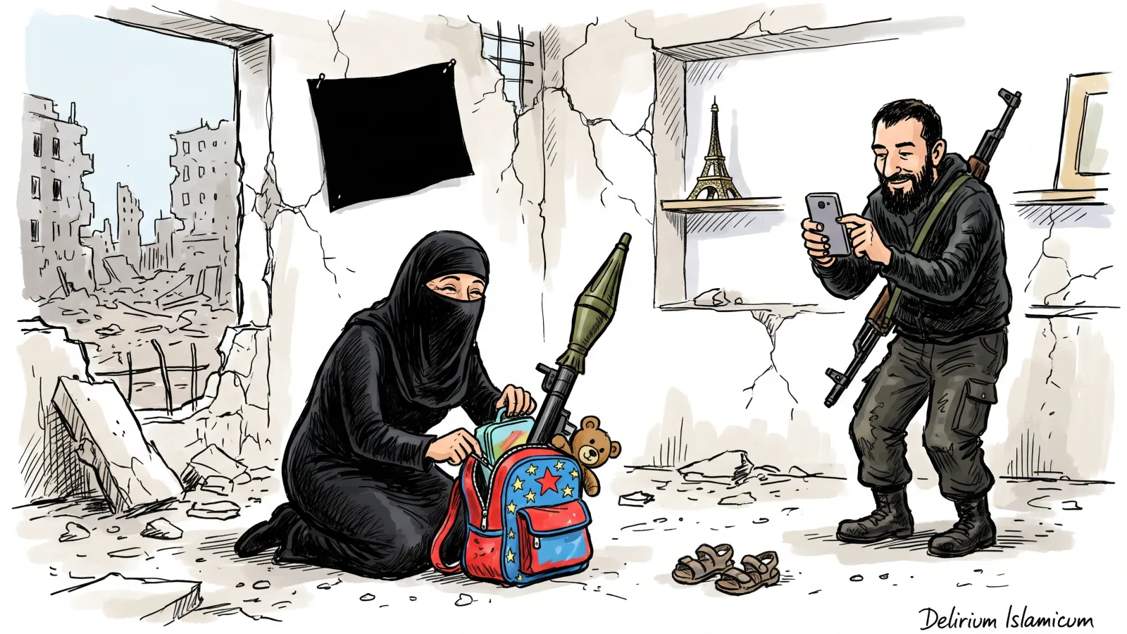 Viñeta satírica: en un piso medio en ruinas de Raqqa, bajo una bandera negra, una madre con niqab cierra una pequeña mochila escolar estampada con estrellas que contiene una fiambrera, un osito de peluche y un lanzacohetes desproporcionado, mientras su marido barbudo, con un fusil al hombro, fotografía un hueco vacío donde solo hay un par de sandalias diminutas; en una estantería, un pequeño