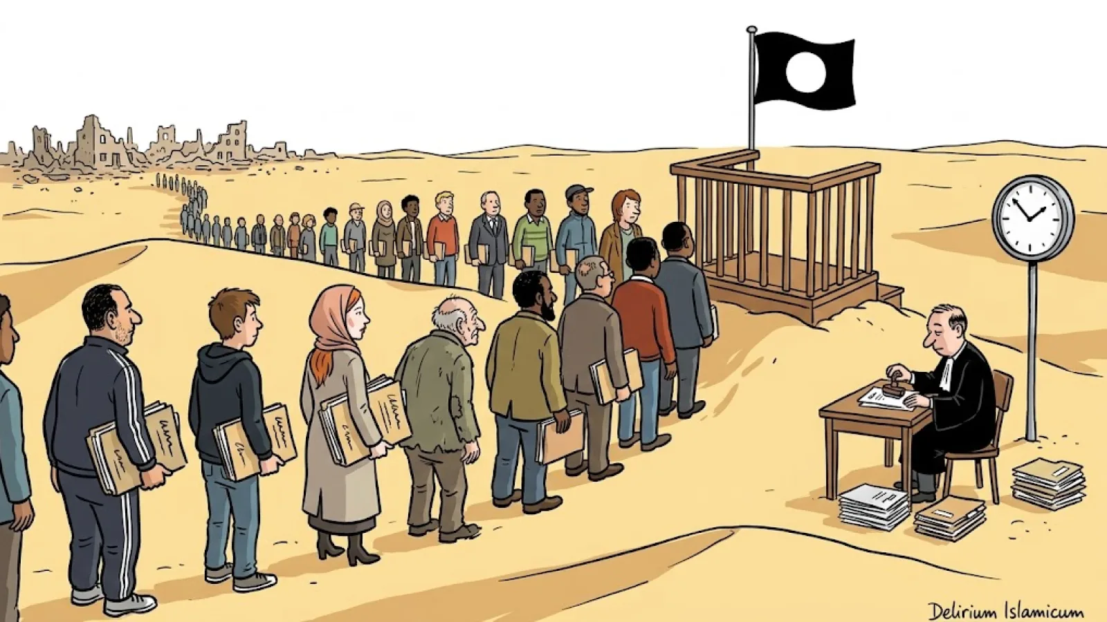 Cartoon satírico: um banco dos réus com uma bandeira negra ergue-se sozinho no deserto, enquanto duas filas de arguidos com processos debaixo do braço esperam diante de um funcionário judicial.