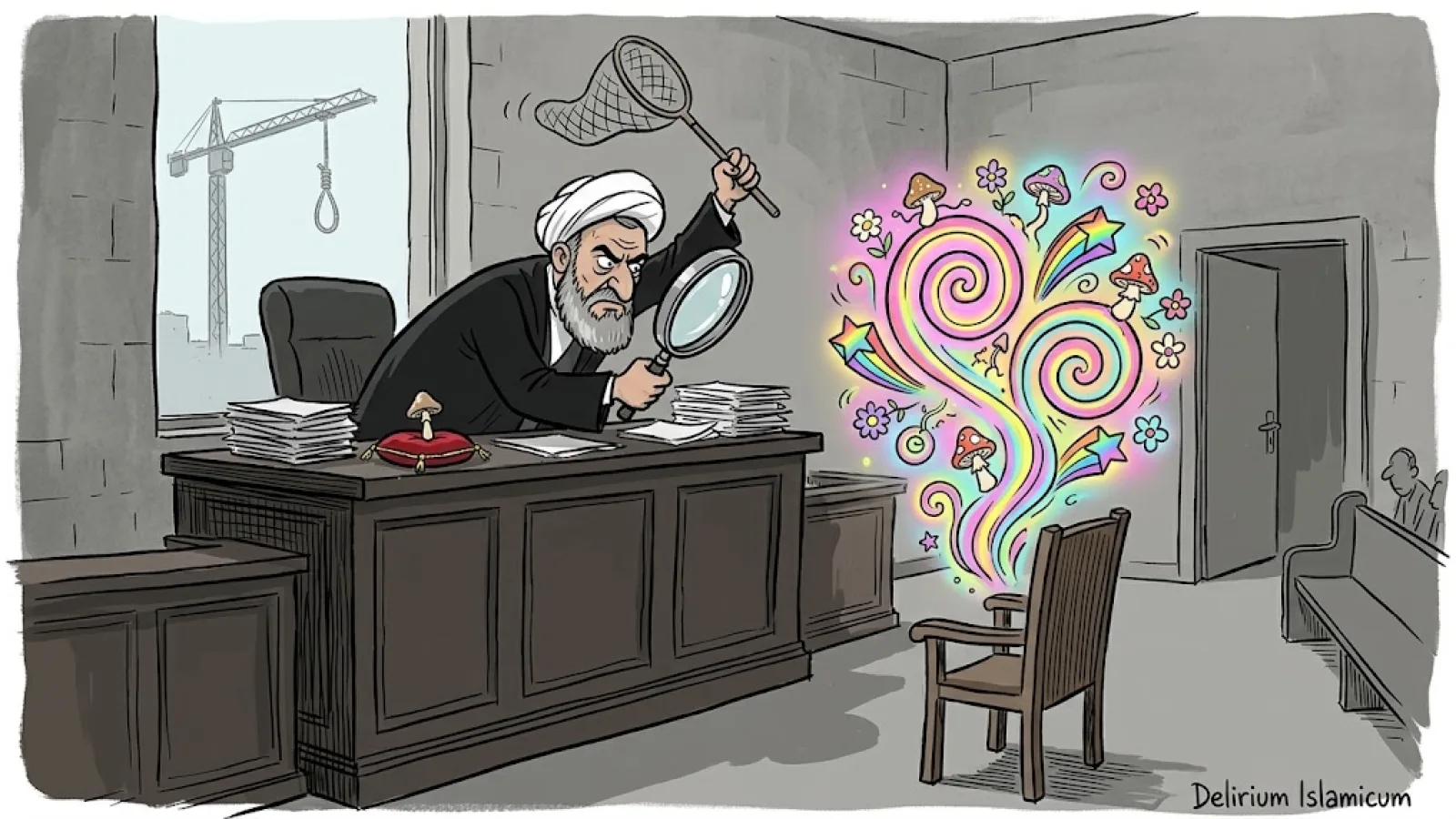 Satirische tekening: in een sombere rechtszaal probeert een rechter met tulband en zwarte toga met een vlindernet kleurrijke hallucinaties, spiralen en paddenstoeltjes te vangen boven een lege beklaagdenstoel, terwijl buiten het raam een hijskraan een lege strop vasthoudt.