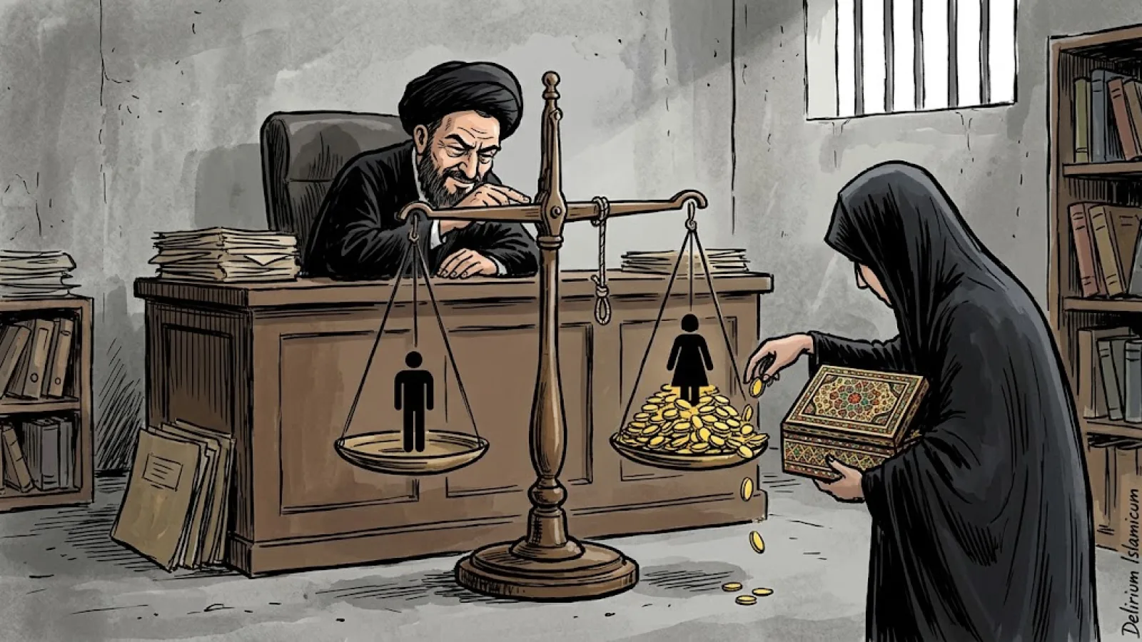 Vignetta satirica: in un tribunale iraniano un giudice religioso osserva una bilancia a forma di forca, con un cappio vuoto tra i piatti; su un piatto c'è una statuina maschile, mentre una donna in lutto con un chador nero versa monete d'oro da un cofanetto nuziale persiano sull'altro piatto, accanto a una statuina femminile, finché i due lati non si equilibrano.